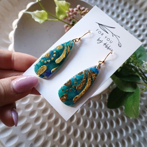 Cassie dangles- blue and gold watercolours