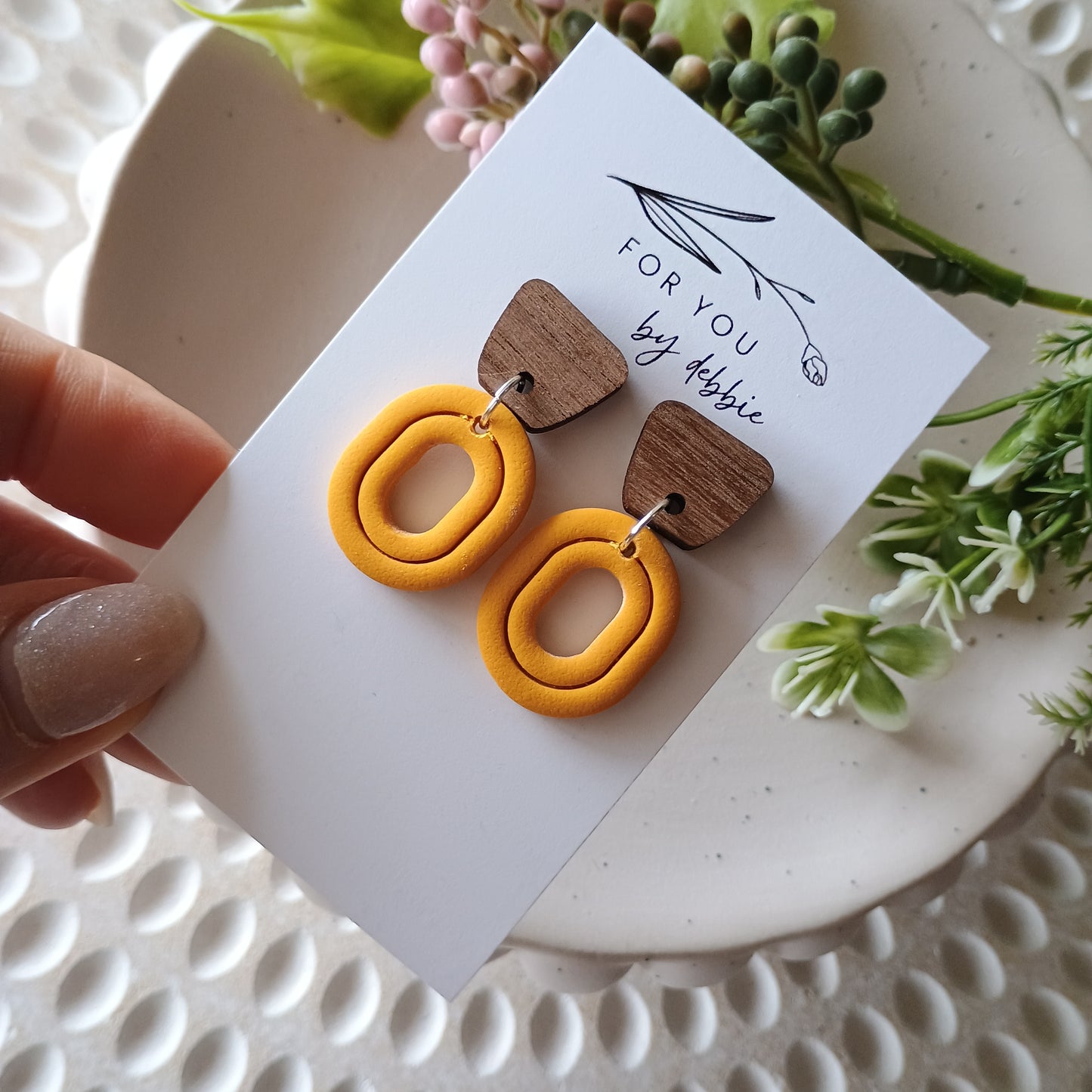 Ronnie dangles- mustard and wood