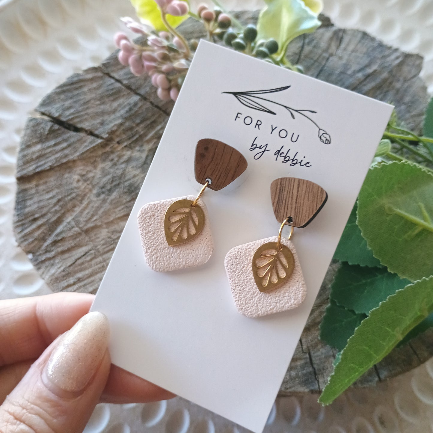 Bella dangles -cream, wood and brass charm