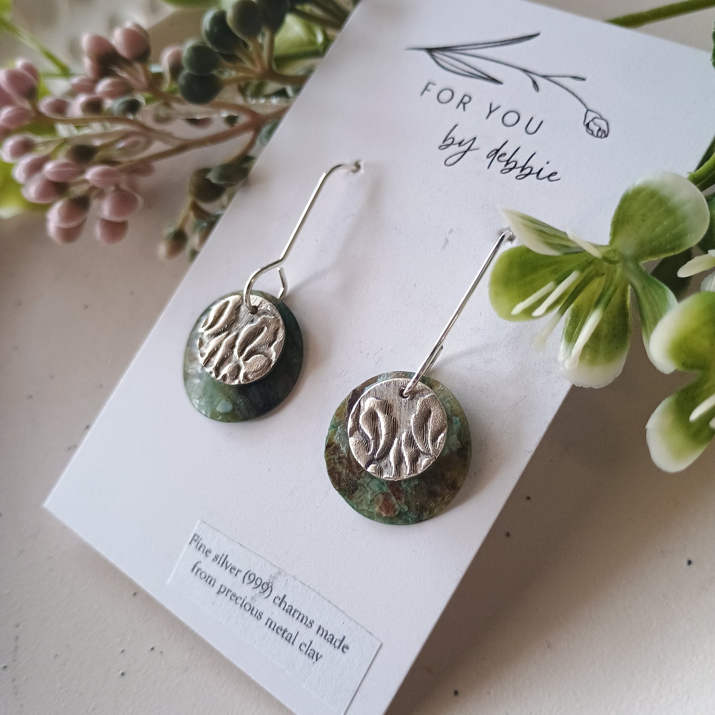 Precious metal clay dangles- circle and mother of pearl