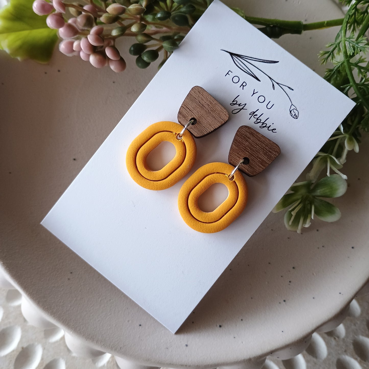 Ronnie dangles- mustard and wood