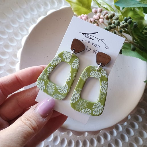 Tara dangles - painted monstera and wood