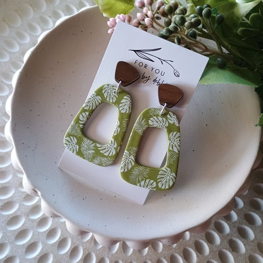 Tara dangles - painted monstera and wood