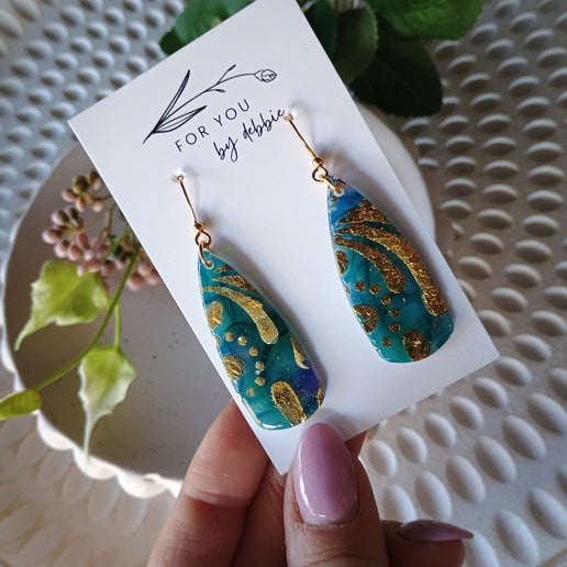 Cassie dangles- blue and gold watercolours