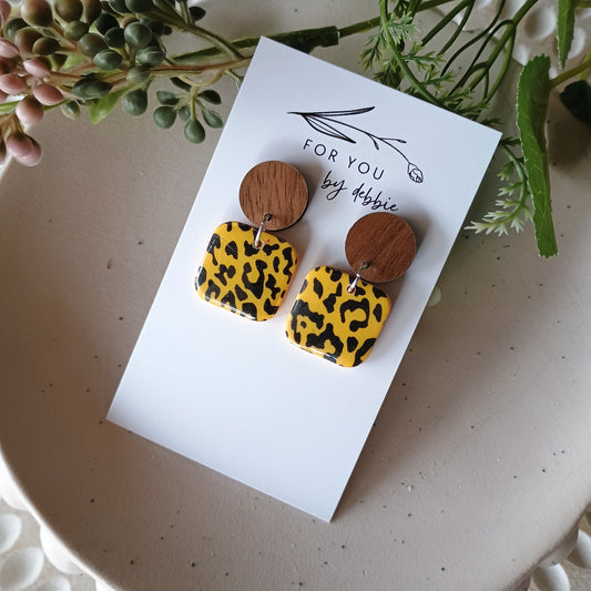 Kelly dangles - yellow leopard and wood