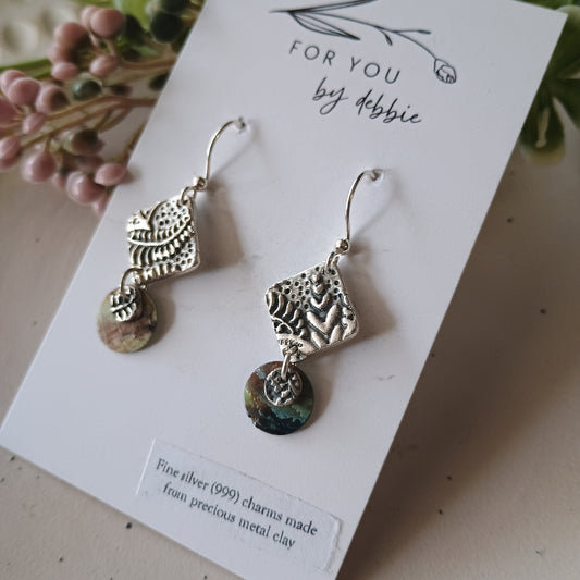 Precious metal clay dangles- ferns and mother of pearl