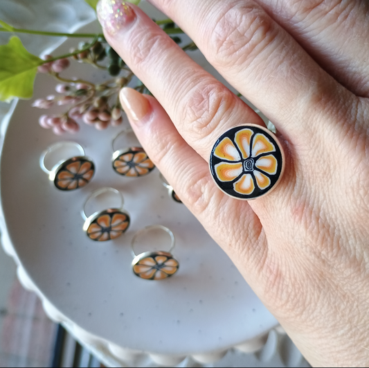 Flower rings- floral cane polymer clay charm bead