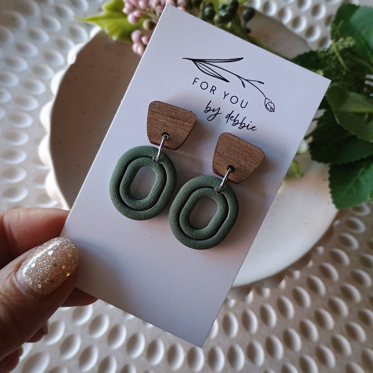 Ronnie dangles- olive green and wood