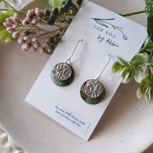 Precious metal clay dangles- circle and mother of pearl