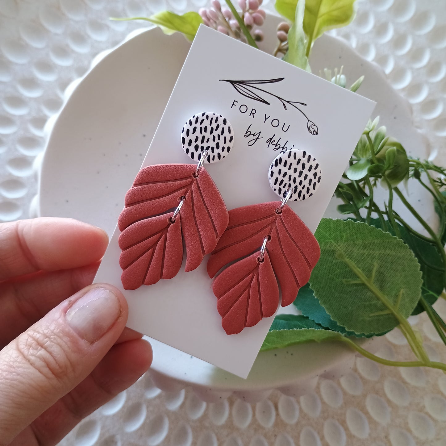 Farrah dangles - terracotta and dots polymer clay