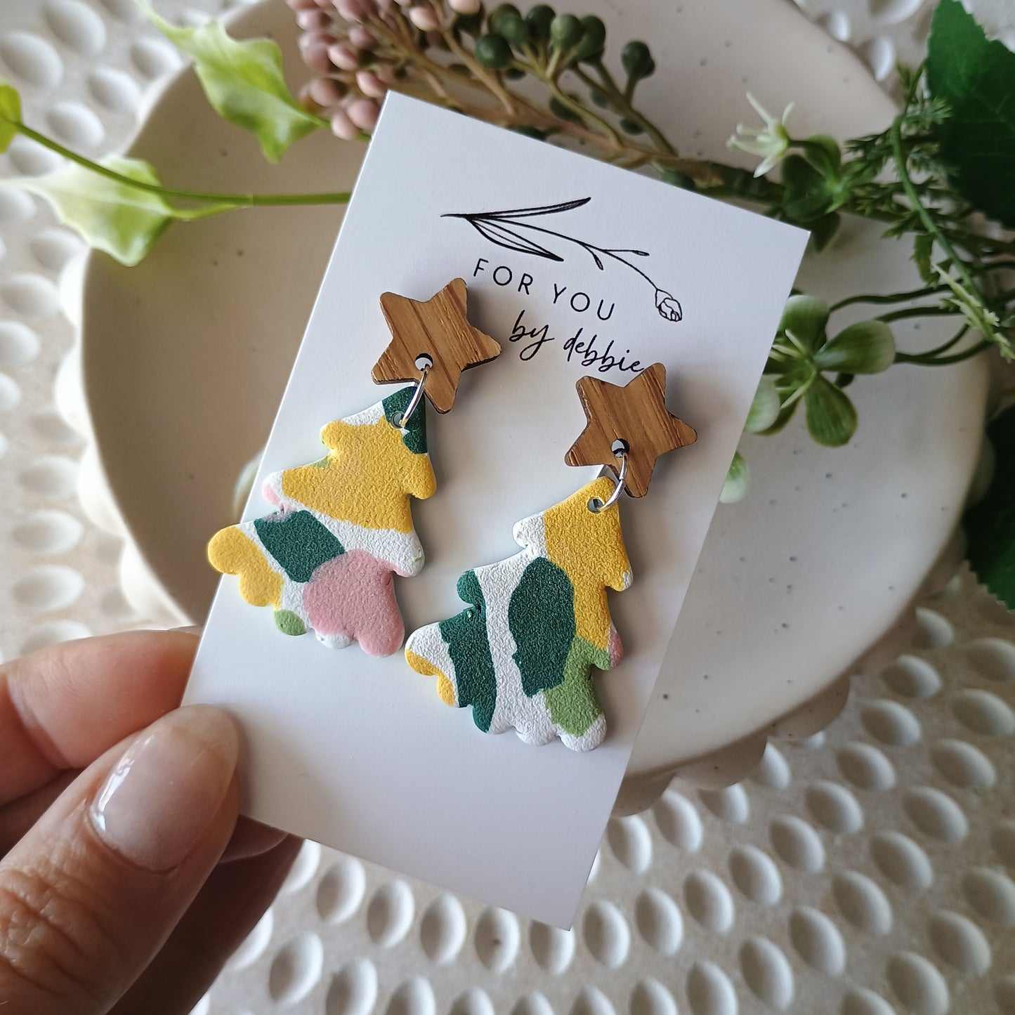 Christmas tree terrazzo print dangle- wood top