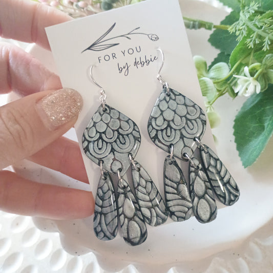 Samantha dangles - black silver Mica mandala