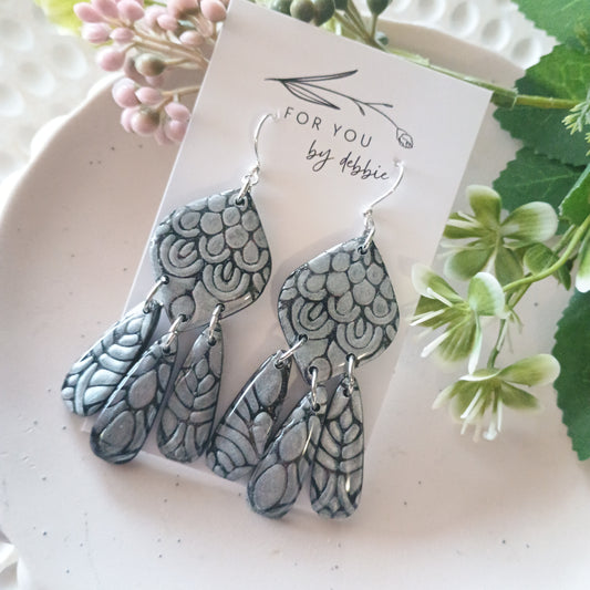 Samantha dangles - black silver Mica mandala