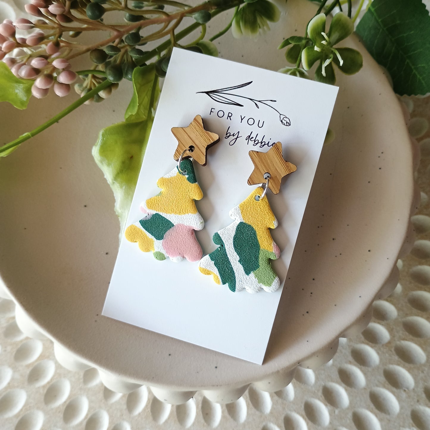 Christmas tree terrazzo print dangle- wood top