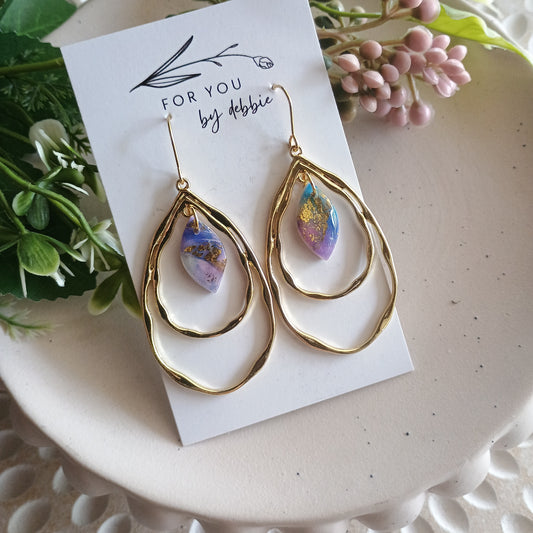 Gold charm dangles- watercolour blue