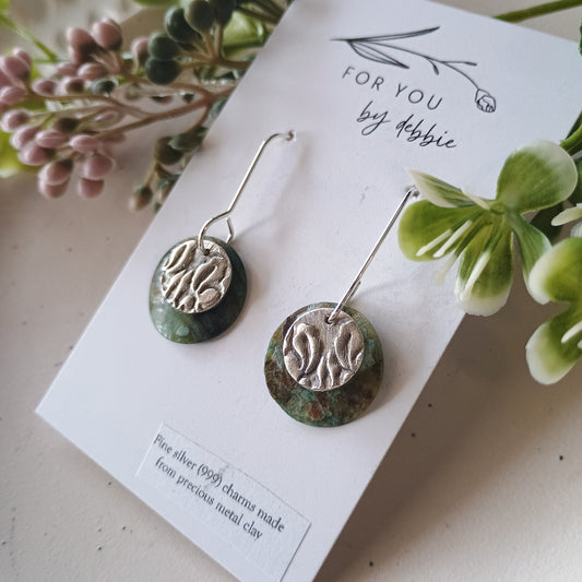 Precious metal clay dangles- circle and mother of pearl