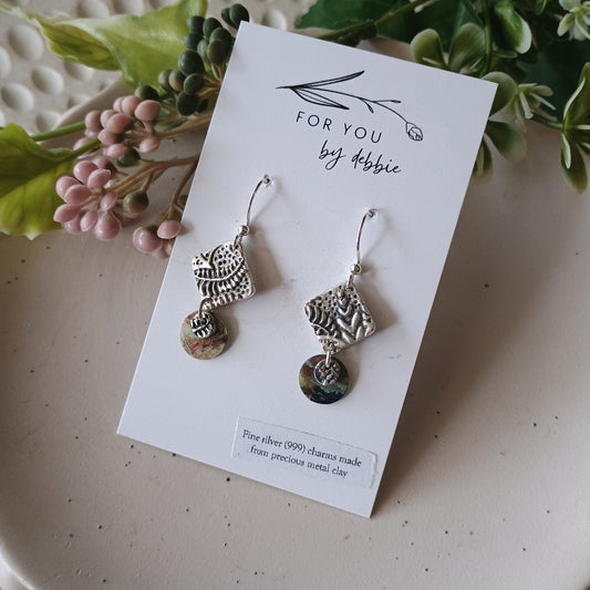 Precious metal clay dangles- ferns and mother of pearl