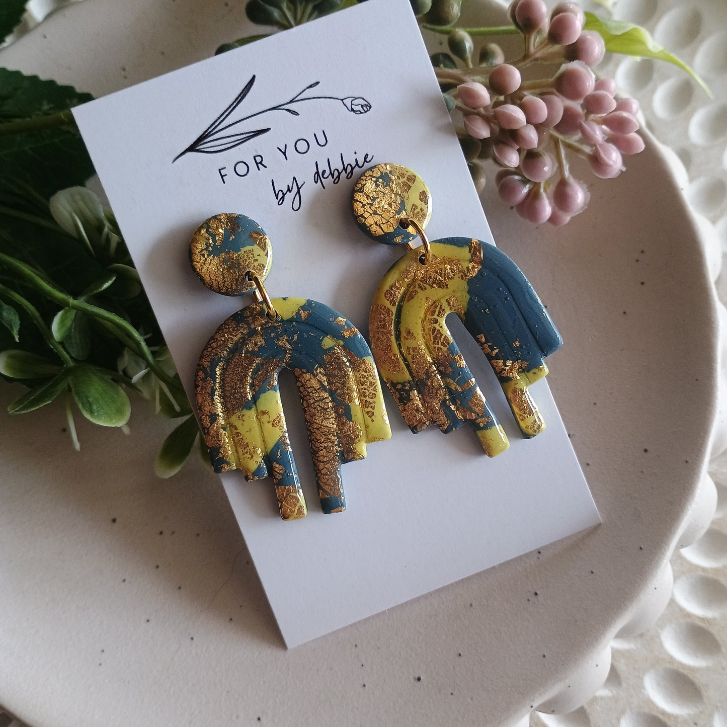 Arch dangles- blue, yellow gold
