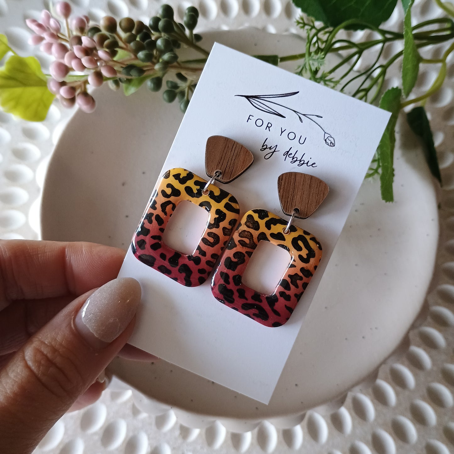 Mia dangles - sunset leopard and wood
