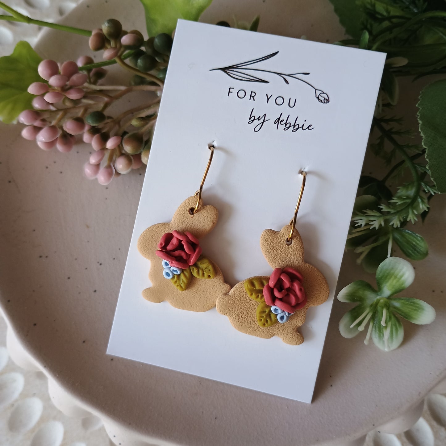 Floral bunnies earrings -Easter rabbit and flowers
