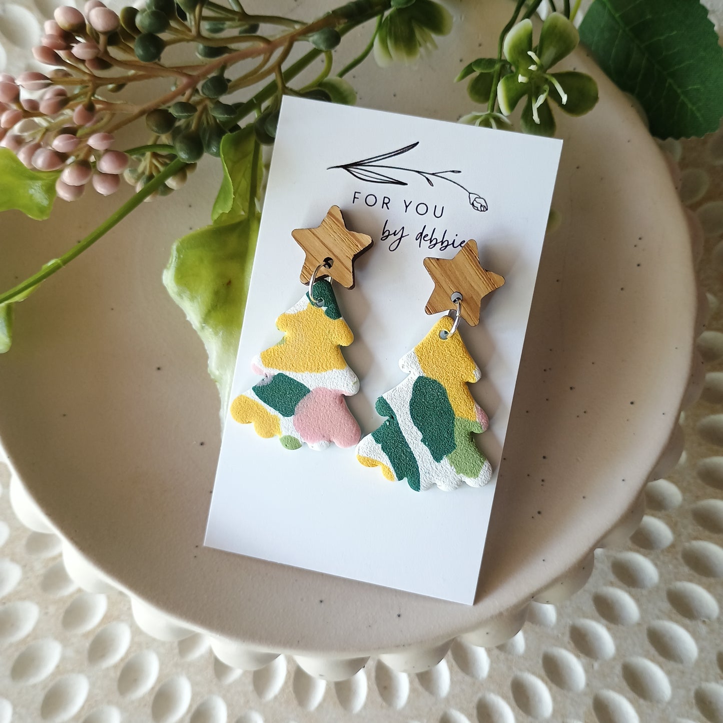 Christmas tree terrazzo print dangle- wood top