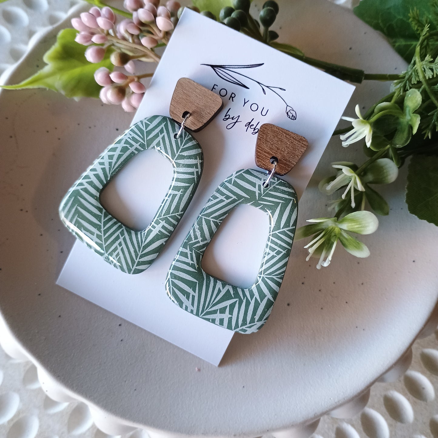 Tara dangles - green fern, resin and wood